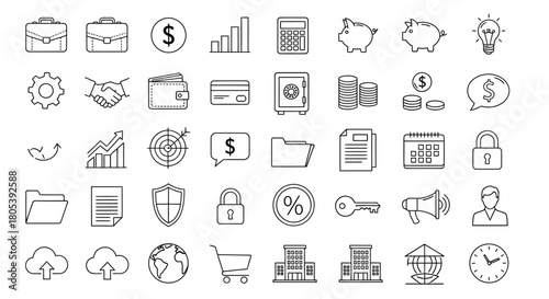 A grid of financial and business related icons in black and white outline style
