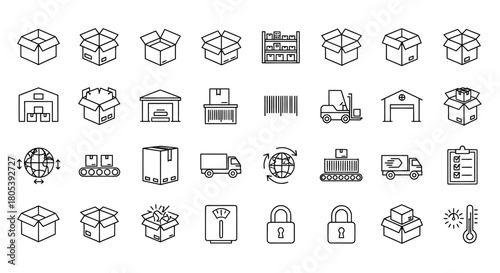 Icons depicting shipping, warehousing, and delivery processes