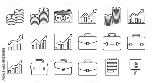 Collection of financial and business icons coins, cash, graphs, briefcases, and clipboard