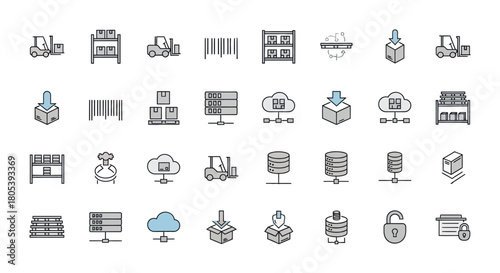 Set of icons representing warehouse, delivery, data storage, and security