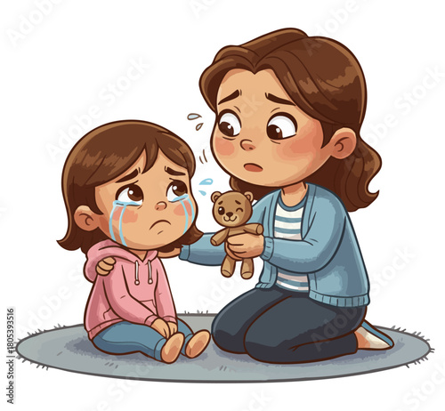 Mummy trying to calm child. Cartoon illustration of mother comforting her small, crying daughter who is holding teddy bear. Comforting mom, mother's consolation. Wipe away tears. Empathy and support