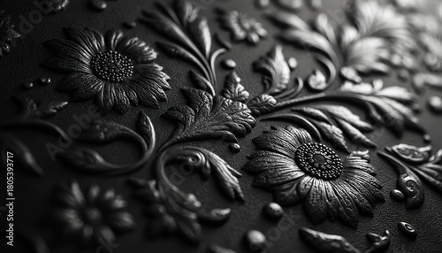 Close up of black leather material with deep embossed floral pattern. Intricate design of detailed flowers, scrolling leaves, ornate swirls creates rich relief texture. Decorative, luxury surface