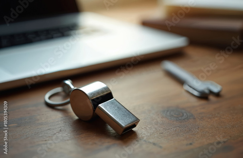 Metal whistle rests on desk near laptop. Represents ethical conduct, anti-corruption, speaking truth. Law, reporting crime, whistleblowing act in corporate. Protection for whistleblower in workplace
