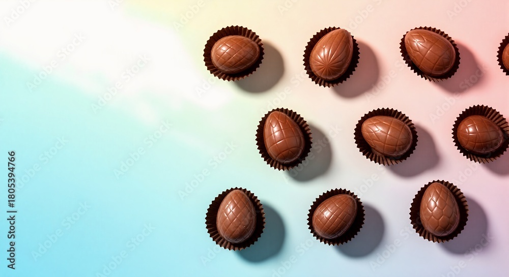 Fototapeta premium Chocolate easter eggs flat lay. Top view of sweet candy treats on colorful background. Spring holiday celebration with copy space