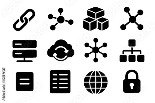 Packet set blockchain cloud globe node lock vector icon decentralized connection hub