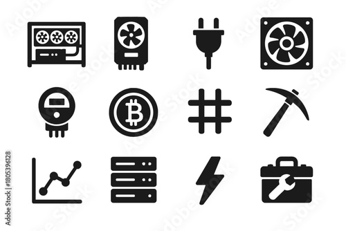Hash vector power rack icon coin crypto server mining energy fan icons