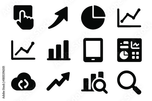 Interactive chart data bar line icon trend arrow graph magnifier vector screen