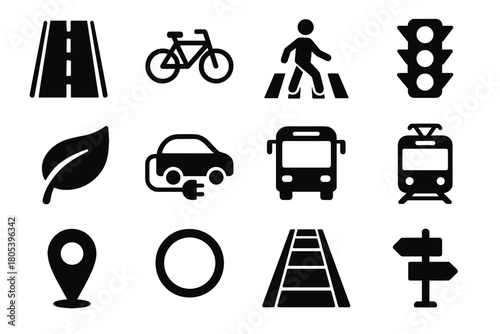 Icons route road limit vector pedestrian lane bicycle car bus sustainable leaf