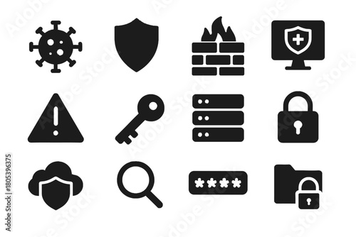 Icon malware secure virus vector password defense firewall padlock cloud server magnifier