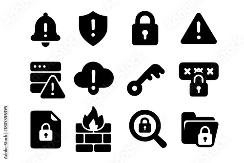 Shield key folder padlock cybersecurity server magnifier cloud file icon vector set