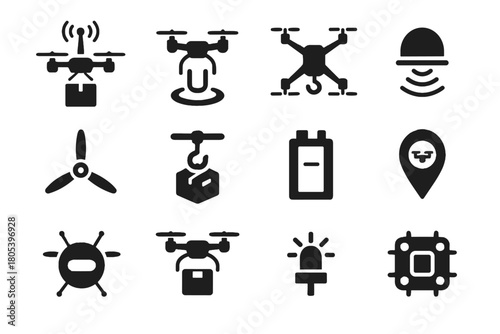Drone light sensor delivery battery hub icon flight communication landing vector aerial