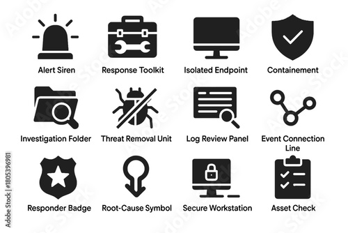 Isolated response vector icons line workstation icon siren threat incident badge review