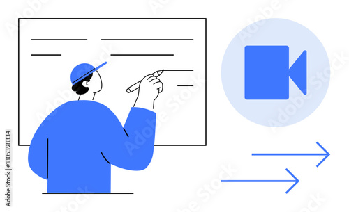 Person in blue writing with pen on whiteboard, accompanied by a video play icon and directional arrows. Ideal for education, training, tutorials, online courses, videos, presentations, collaboration