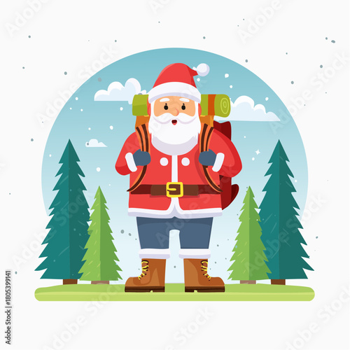 Adventurous Santa Claus Hiker with Backpack in Winter Forest