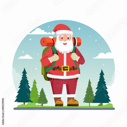 Adventurous Santa Claus Hiker in Winter Landscape