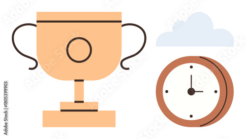 Golden trophy beside a clock under a cloud. Ideal for achievement, time management, goal setting, deadlines, success, productivity, and motivation concepts. Clean simple flat metaphor