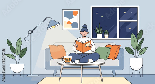 Modern Living Room with Person Relaxing on Sofa Illustration