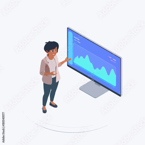 Isometric Female Entrepreneur Presenting Startup Pitch – Vector Illustration