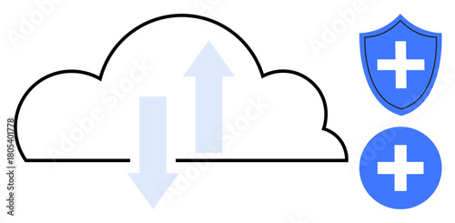 Cloud with up and down arrows next to a shield and cross symbol. Ideal for cloud safety, data protection, cybersecurity, online health, technology, secure storage, simple flat metaphor