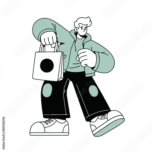 Stylish young man holding a tote bag. Modern flat design vector illustration of a character shopping. Isolated graphic for fashion and retail concepts