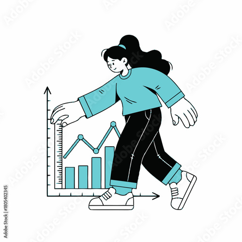 Woman measuring a business growth graph. Data analysis and performance metrics concept. Flat design vector illustration