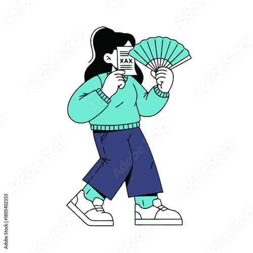 A vector illustration of a student feeling exam stress. Character fanning her face and hiding behind a test paper. Modern flat cartoon design