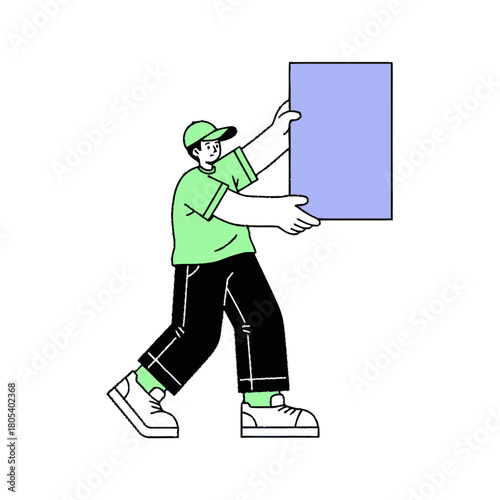 Illustration of a man holding a blank sign. Delivery worker or mover character in a flat, line art style. Vector graphic isolated on white