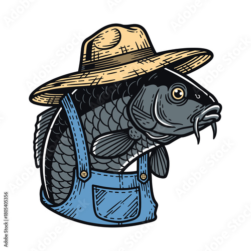cartoon carp fish wearing overalls and a straw hat, farmer or fisherman outfit illustration