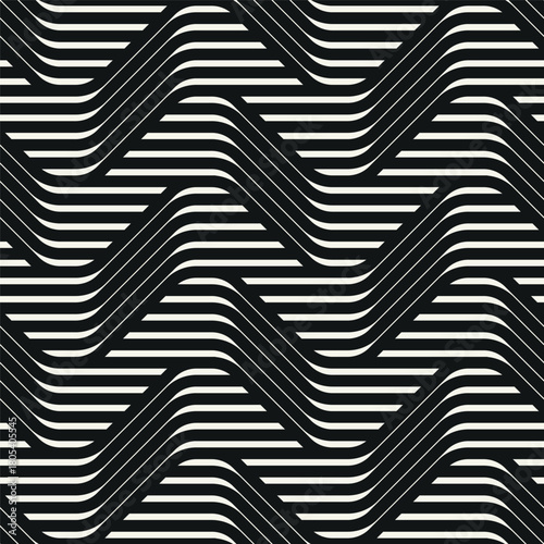 Seamless pattern with geometric waves. Endless stylish texture. Ripple monochrome background. Linear weaved grid. Bold interlaced swatch.