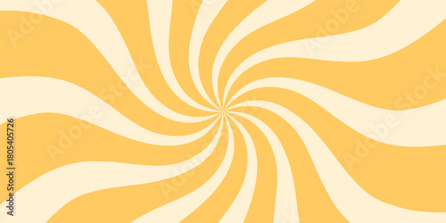 Retro groovy sun burst with bold yellow and orange swirl wave. Sunshine burst and sun pattern create a vibrant y2k background. Horizontal format suits modern use as lively artistic element.