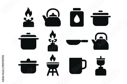 Black cooking icons: pots, pans, kettles, and more in simple silhouettes