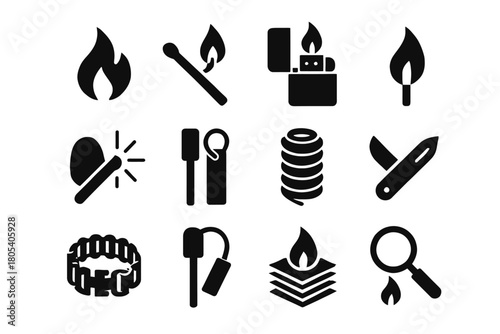 Collection of fire-related icons including matches, lighter, rope, and knife