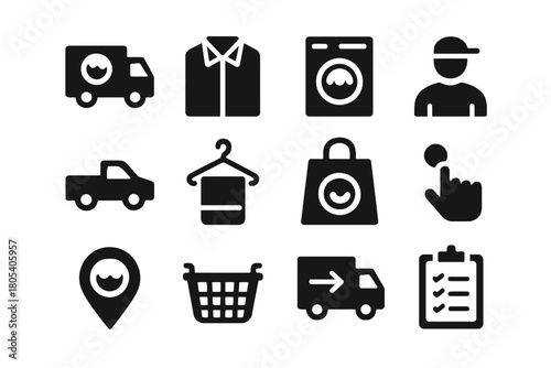 Laundry service icons: delivery, washing machine, shopping bag, checklist