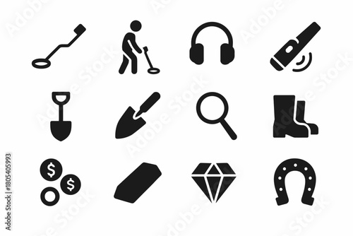 Set of treasure hunting icons: metal detector, headphones, flashlight, shovel, diamond