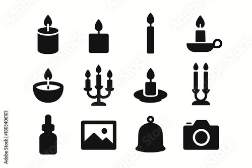 Set of candle and camera silhouettes in varied designs and shapes