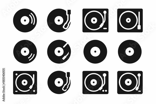 Vinyl record and turntable icon set collection in black and white