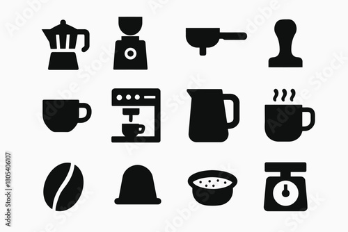 Coffee equipment icons: espresso machine, grinder, moka pot, tamper, mug, scale