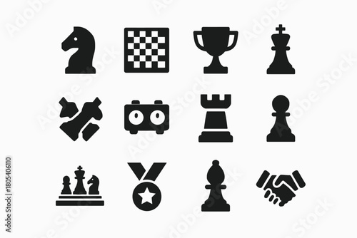 Chess icons set: knight, board, trophy, king, bishop, rook, pawn, medal, handshake