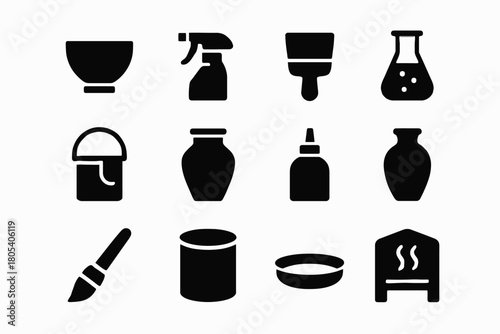 Set of black silhouette icons for pottery, tools, and equipment