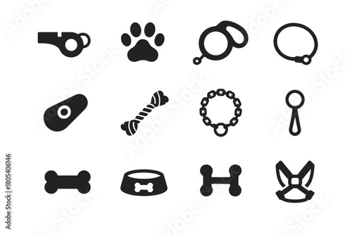 Dog accessories icons: whistle, paw, leash, collar, bowl, bone
