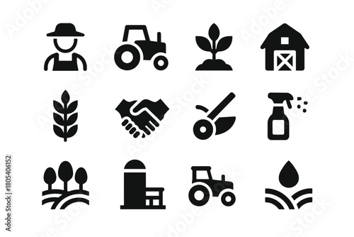 Farm and agriculture icons: farmer, tractor, barn, crops, and tools