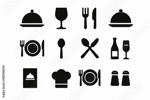 Collection of restaurant icons featuring dining utensils and chef hat