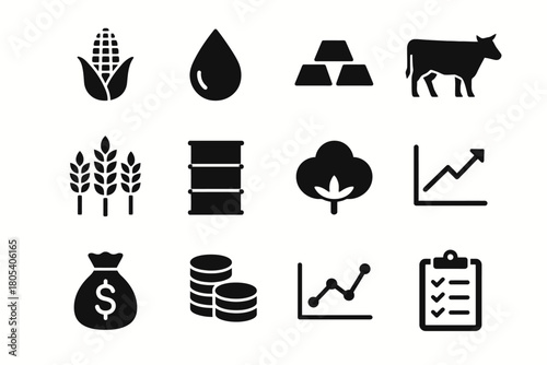 Commodity icons: agriculture, energy, finance, and markets in black silhouette