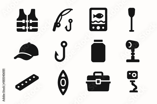 Fishing and boating equipment icons including life jacket and fishing hook