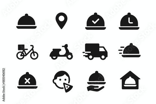Food delivery icons: bicycle, scooter, truck, and location symbols