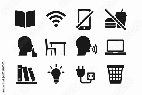 Icon set of common symbols: reading, wifi, no phone, fast food, silence, speaking, laptop