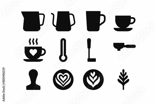 Coffee icons: cups, pitchers, thermometer, tamper, latte art, leaf