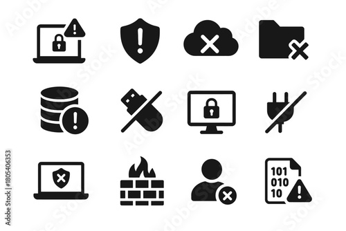 Cybersecurity icons: data protection, usb security, cloud safety, firewall, encryption