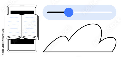 Open book displayed on smartphone screen, slider for customization, and cloud storage icon. Ideal for reading apps, e-learning, customization, technology, data storage, education simple digital
