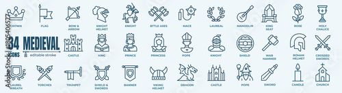 Collection of medieval vector line icons featuring a knight, castle, crown, weapons, and other historic elements. Fully editable stroke.